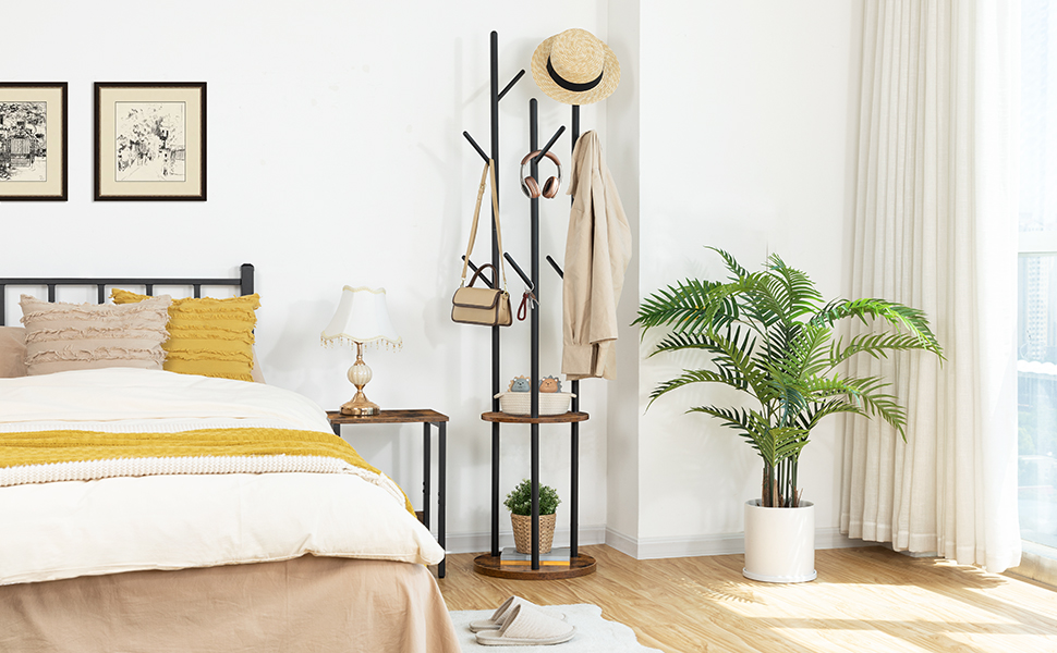 HOOBRO Стійка для одягу, вільна стоянка, вішалка для одягу у вигляді дерева з 8 гачками, 2 круглі полиці, для одягу, капелюхів, сумок, вітальні, спальні, офісу, темно-коричневий + чорний