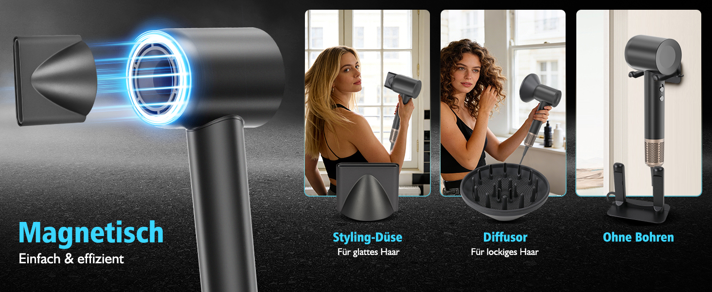 Професійний фен для волосся з високошвидкісним двигуном 160 000 об/хв, іонізацією 300 млн негативних іонів, 4 температурних режимах та 2 швидкостях, з дифузором та концентратором, чорний