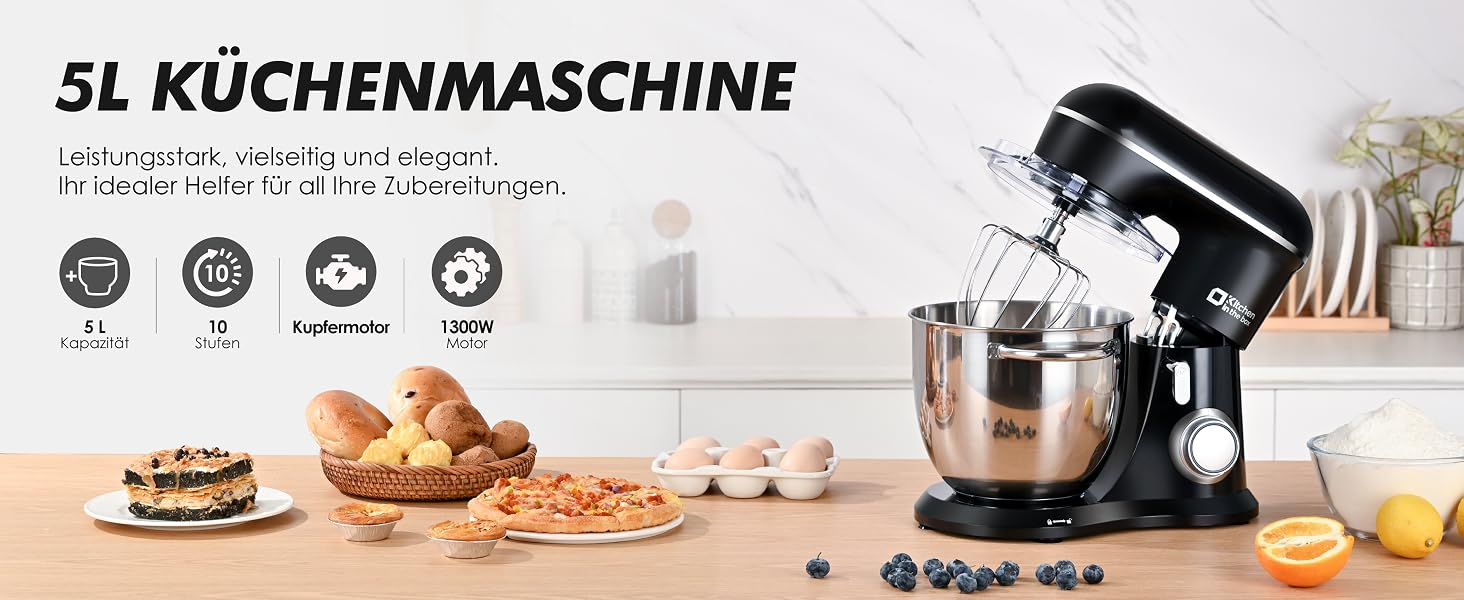 Кухонний комбайн Kitchen in the box Kompakte — планетарний міксер та тістоміс 3.5-5л, 10 швидкостей, з насадками (гак, вінчик, міксер), чорний
