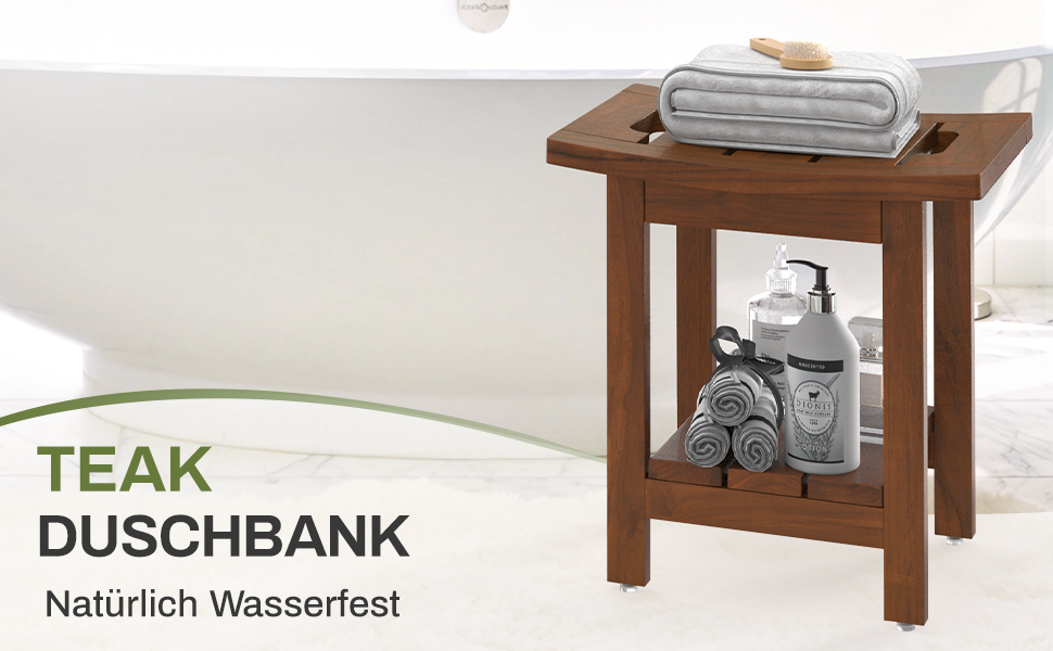 Дзеркальний табурет для душу LUE BONA з масивного теку, 39.9x29.5x41.4 см, коричневий