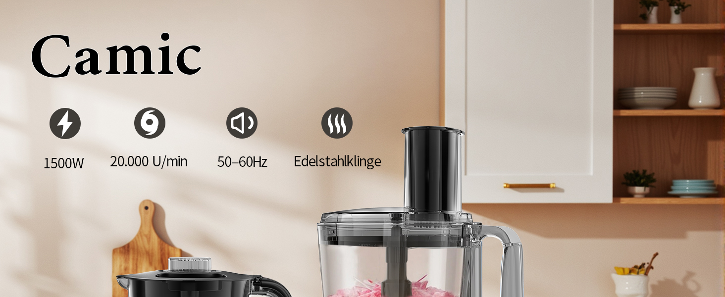 Кухонний комбайн Camic 1500W з мискою 2.5л, 6 програм, подрібнювач, нарізач, міксер, аксесуари, для дому, сріблястий