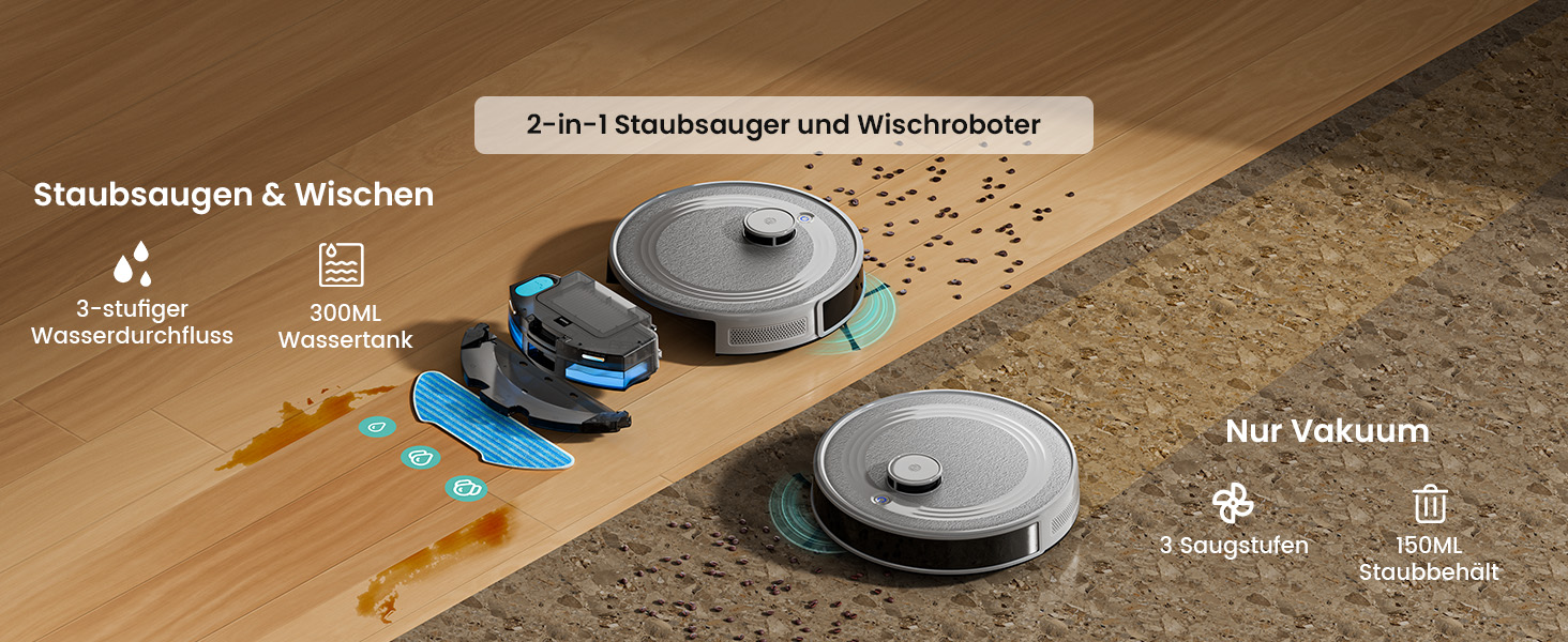 Робот-пилосос LEFANT M2 з функцією миття, 6000Pa, LiDAR-навігація, зони заборони, керування через APP/Alexa, для шерсті тварин, килимів та твердих підлог