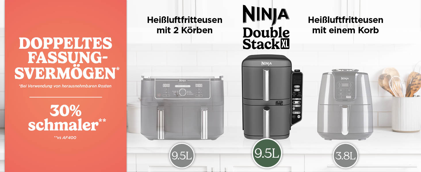 Вертикальна аерофритюрниця Ninja Double Stack XL Air Fryer 9,5 л з цифровим термометром, 6 функцій приготування, 2 рівні, сіра SL451EU