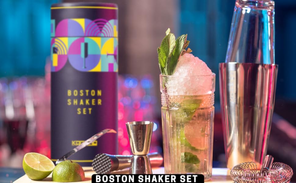 Набір шейкер для коктейлів Boston Shaker Set: скло, нержавіюча сталь, професійний барменський набір з ситечком Hawthorne