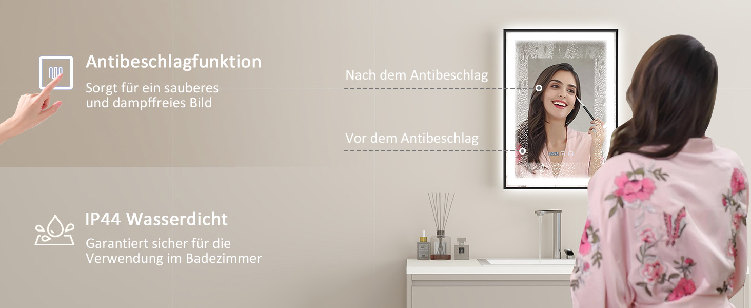 Дзеркало для ванної кімнати YOURLITE з підсвіткою, 85x55 см, LED, сенсорне керування, 3 кольори світла, регулювання яскравості, протизапобігання запотіванню, вертикальна/горизонтальна орієнтація, IP44, білий (чорний-5070)