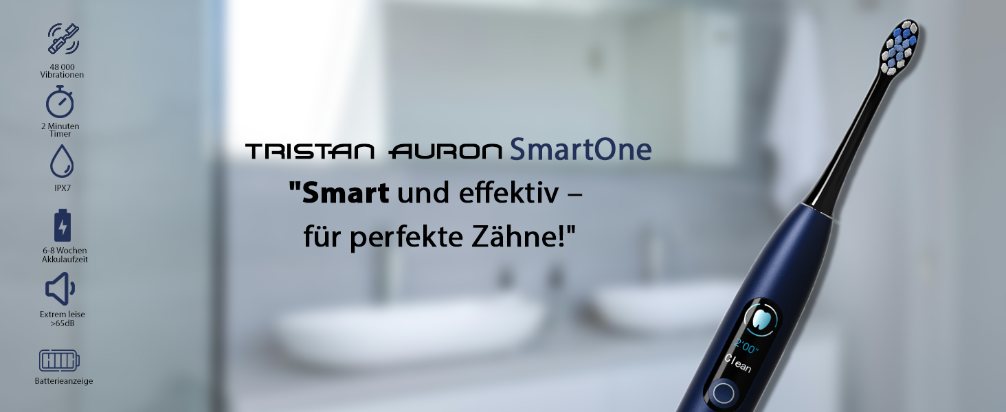 Електрична звукова зубна щітка Tristan Auron SmartOne (Блакитна) – 48 000 вібрацій, 5 режимів, дисплей, USB-C, акумулятор на 6-8 тижнів, IPX7, 6 насадок з чохлом