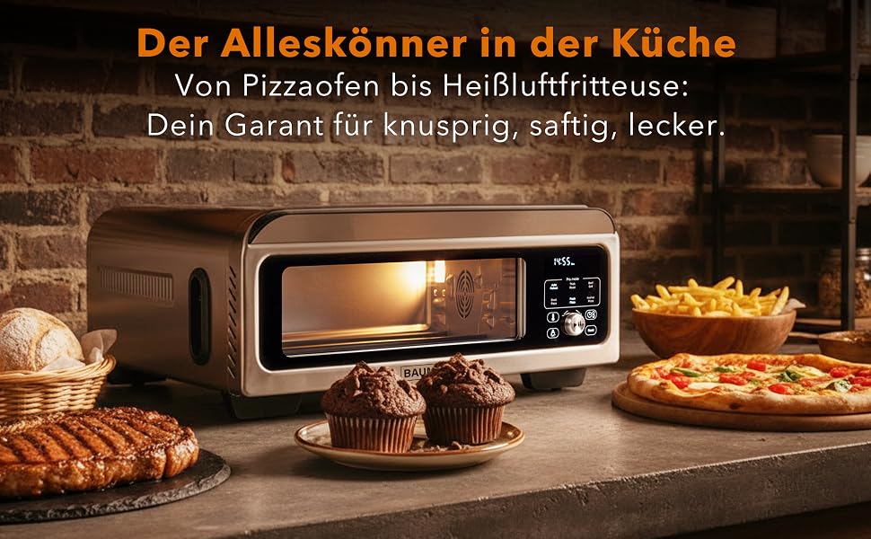 Мультифункціональна піч PizzaAirfryer400 срібляста, 12 в 1: піч для піци до 400°C, аерофритюрниця, гриль, духовка з чавунним деко та каменем для випікання, XXL