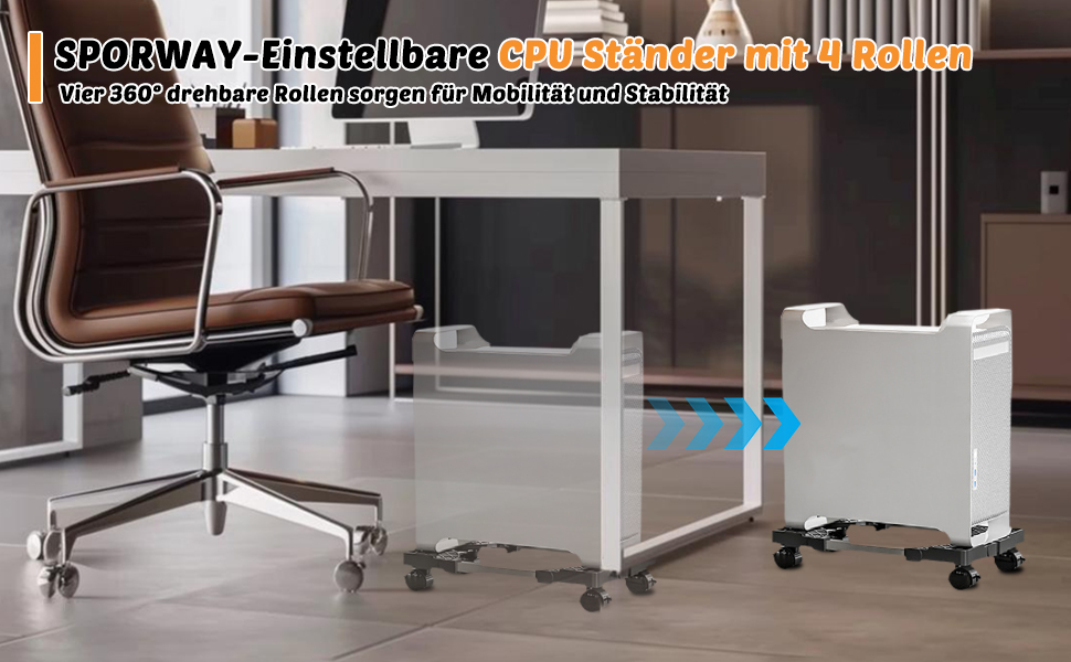 Підставка для комп'ютера SPORWAY: регульована платформа з роликами, під стіл, для корпусу ПК (біла)