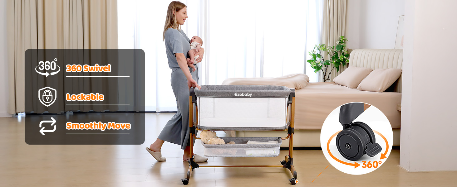 Дитяче ліжко-приліжкове 3 в 1 з м'яким матрацом, безпечне та універсальне, 7 положень по висоті, відкидна боковина з колесами для дому та подорожей