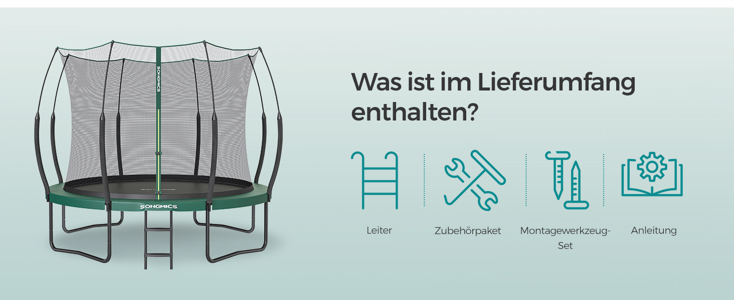 Батут SONGMICS для дітей та дорослих Ø305 см, зелений, з захисною сіткою та пружинами, вуличний