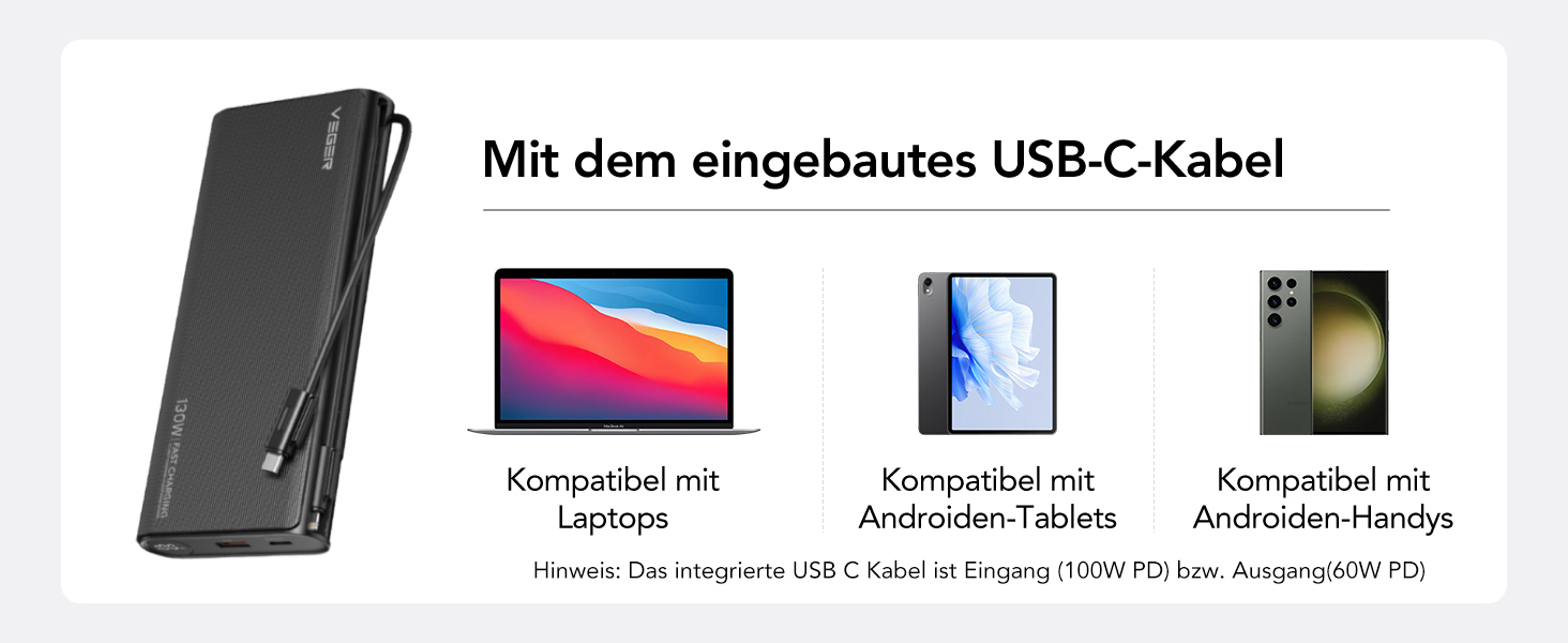 Для ноутбука VEGER 130 Вт 25000 мАг з кабелем, швидкою зарядкою, світлодіодним дисплеєм, сумісний з MacBook та іншими пристроями
