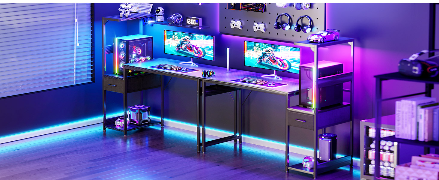 Ігровий стіл Coleshome з LED-підсвічуванням 120x48 см, з шухлядами та полицею, з підставкою для навушників, карбонове покриття чорного кольору