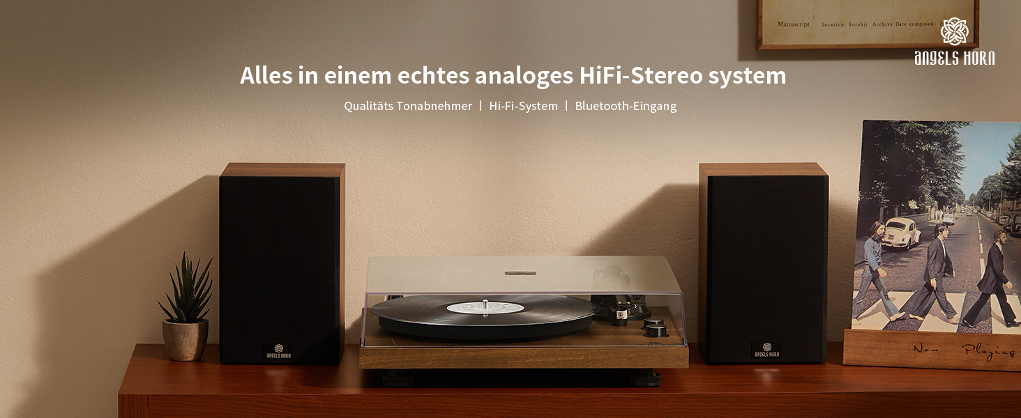 Вініловий програвач Angels Horn Vintage з Bluetooth, Hi-Fi, зовнішніми поличними колонками, вбудованим фонокоректором, двошвидкісний (33/45 об/хв), з картриджем AT-3600L, ремінний привід