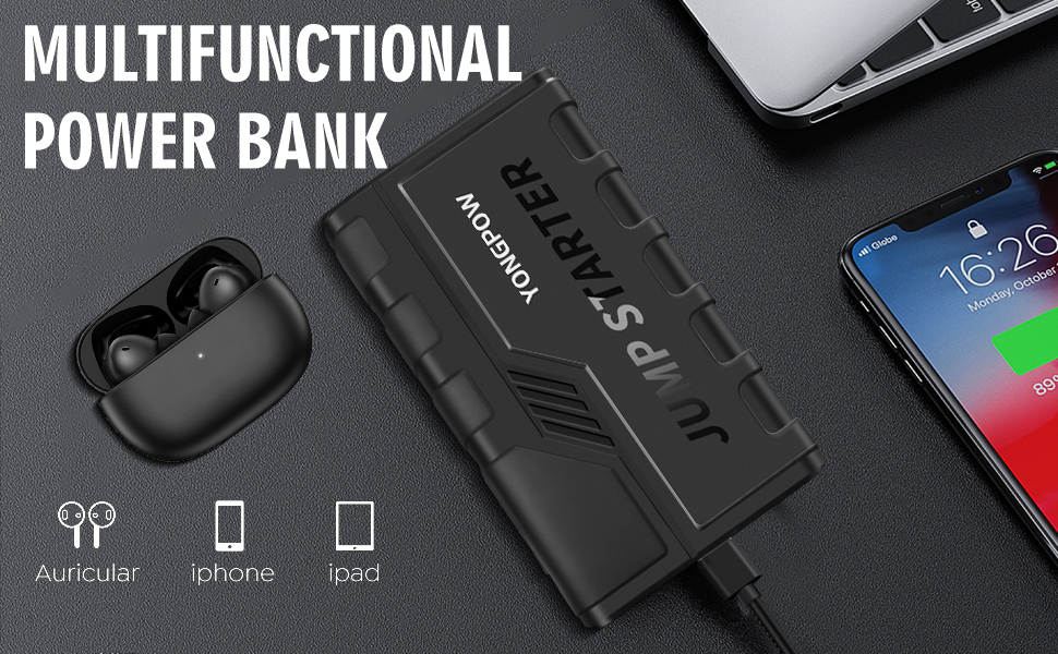Бустер для автомобіля Starthilfe Powerbank 1500A 12V — Пусковий зарядний пристрій (джамп-стартер) для бензинових (до 7.0L) та дизельних (до 5.5L) двигунів, з LED-ліхтарем та USB-портом