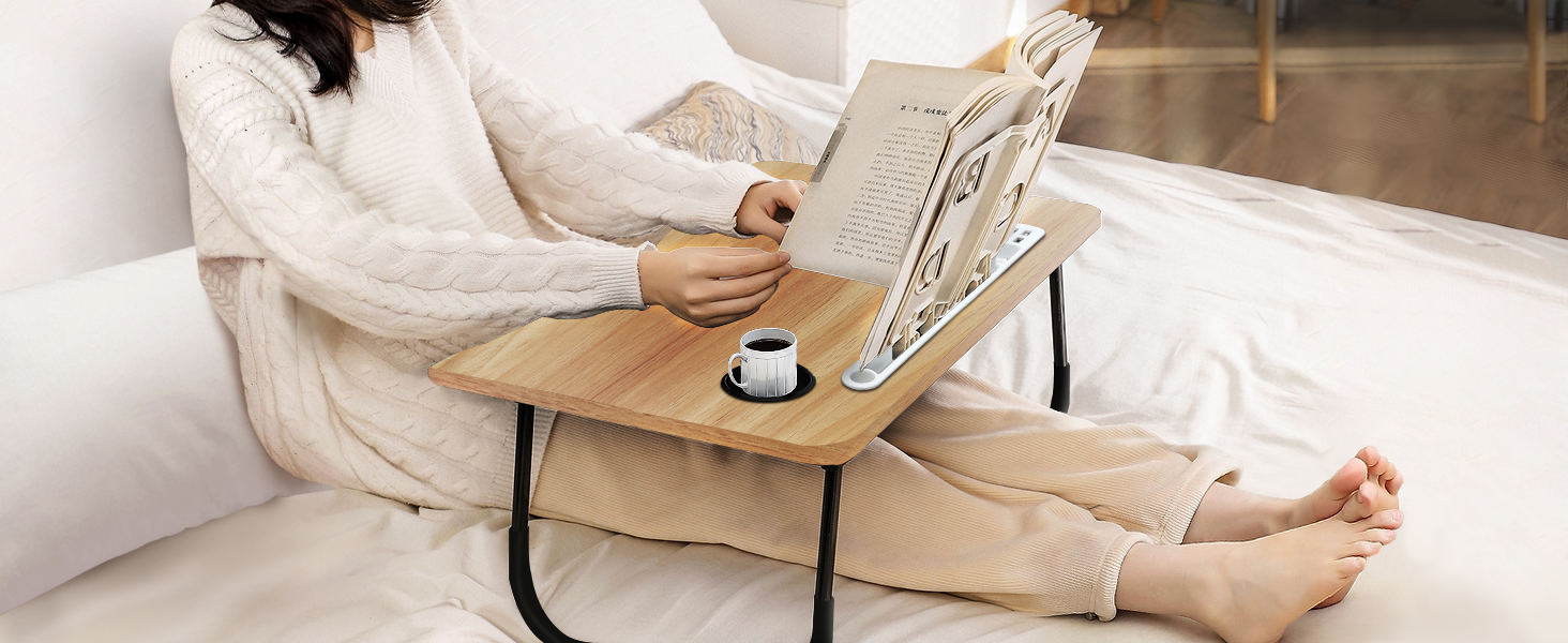Столик для ноутбука на ліжко, складаний, з USB, ящик, підставка для планшета, тримач для напоїв, 60 x 40 см, колір дерева