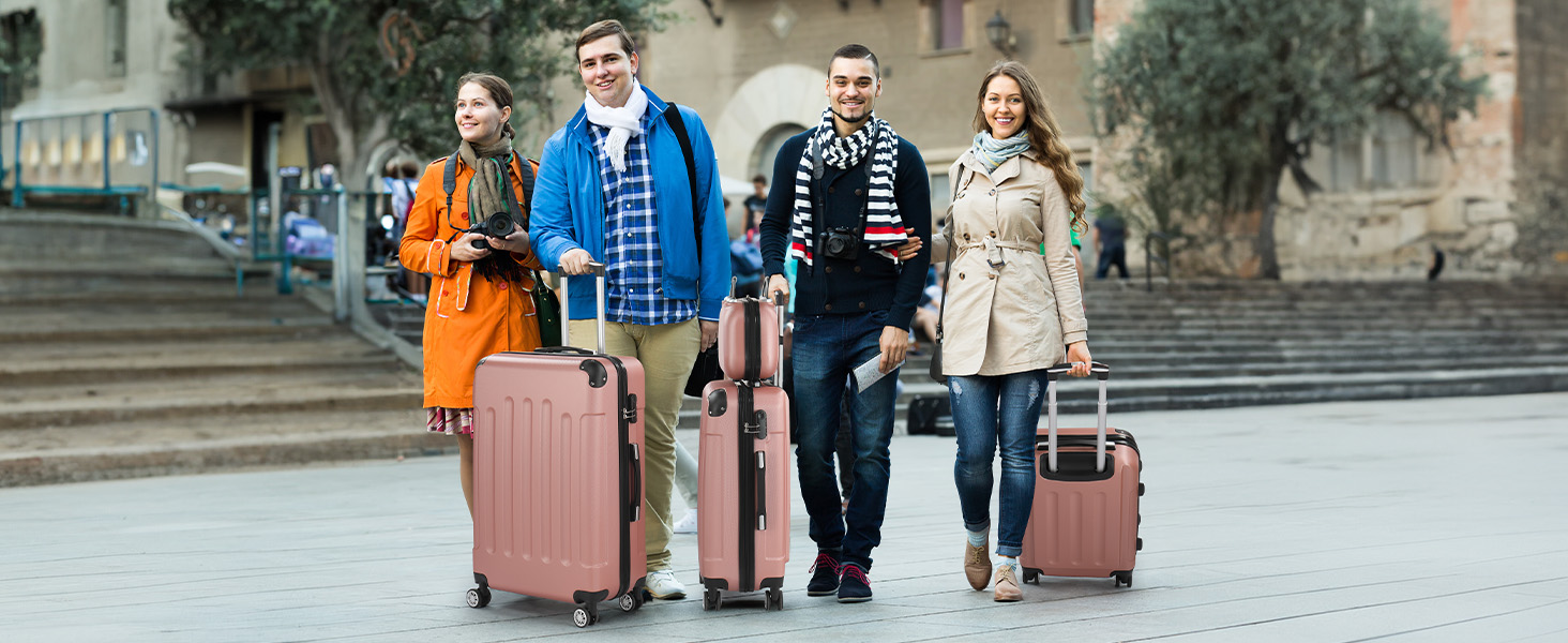 Набір валіз LALAHO 4 шт. з косметичками, з ABS пластику, золотий колір, для подорожей, ручна поклажа