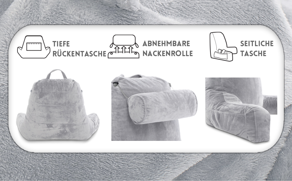 Подушка для чоловіків з підлокітниками - темно-сіра, преміум-якість, для читання та відпочинку в ліжку. Знімний валик для шиї, Memory Foam.