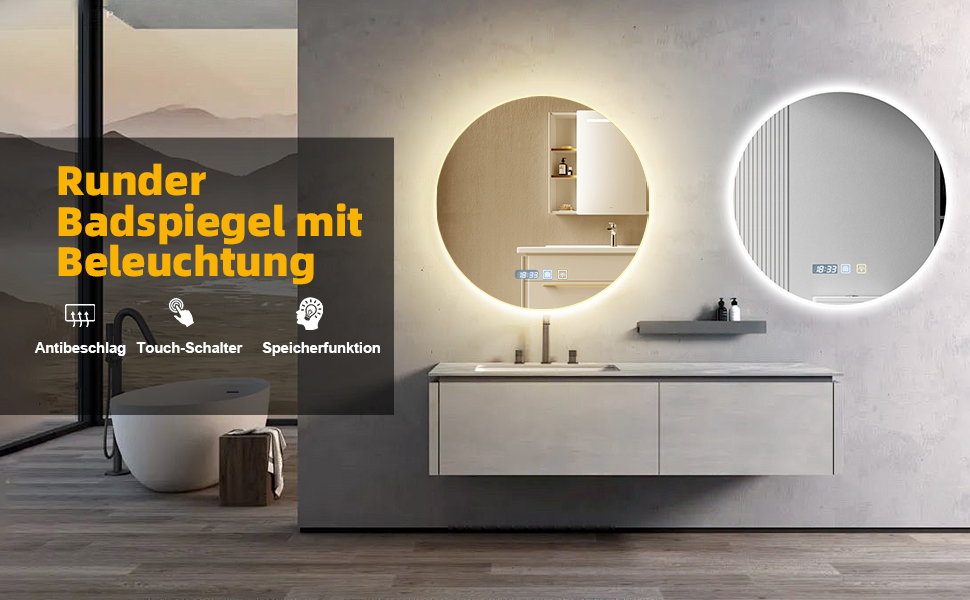 Дзеркало для ванної кімнати Bellanny LED з підсвічуванням 60 см | Настінне дзеркало для макіяжу, косметичне дзеркало | Дзеркало для макіяжу з сенсорним вимикачем, 3 кольори світла, регулювання яскравості, проти запотівання, IP44, кругле, горизонтальне/вертикальне