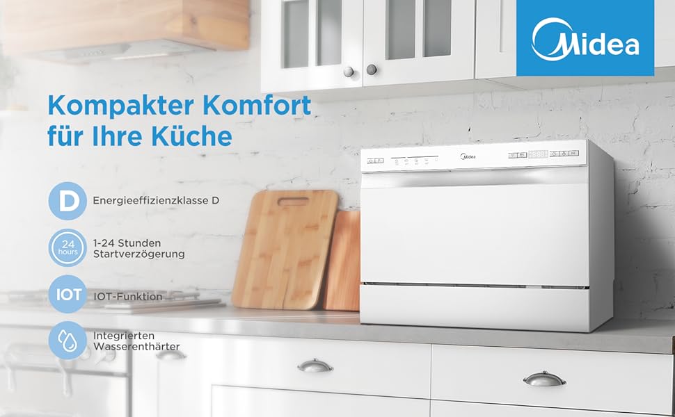 Посудомийна машина Midea Mini 6 комплектів посуду, 6+1 програми, IoT-керування, таймер відстрочки запуску, покращена сушка, компактна для малогабаритних квартир, модель 2024, енергоклас D