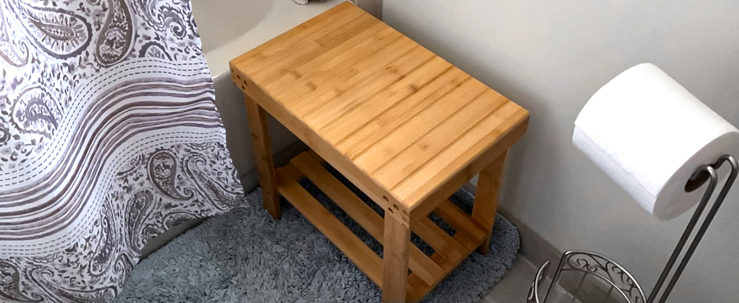 Банкетка для ванної кімнати VaeFae з бамбука, табурет для душу з підставкою для ніг та полицею для аксесуарів, для душу, ванної, вітальні, спа-салону, саду