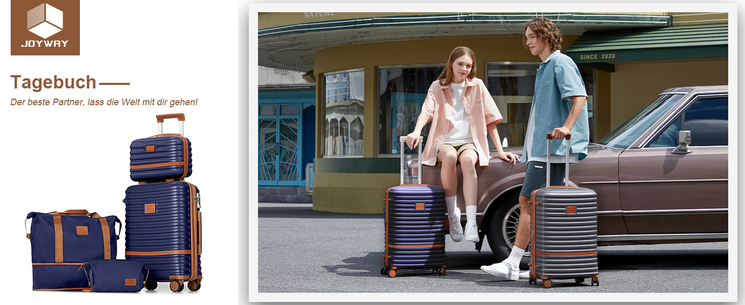 Набір валіз Joyway 6 шт. з твердим корпусом, включаючи косметичну сумку, 4 колеса та TSA-замок. Колір: темно-синій/коричневий. Ідеальний для подорожей.