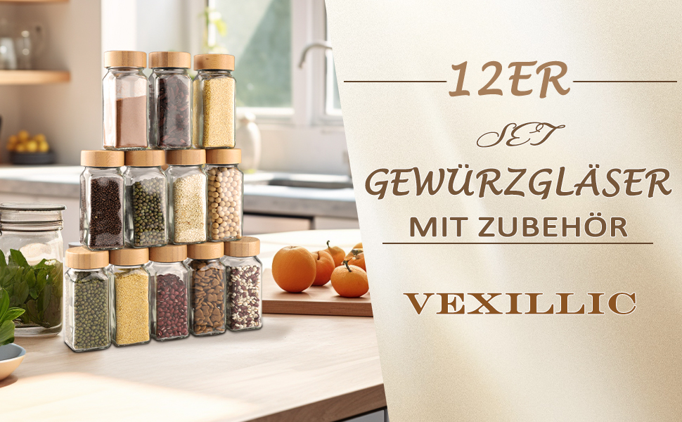 Банки для спецій Vexillic (12 x 120 мл) з бамбуковою кришкою, вставкою для розбризкування та органайзером 10,8 см x 4,2 см квадратні