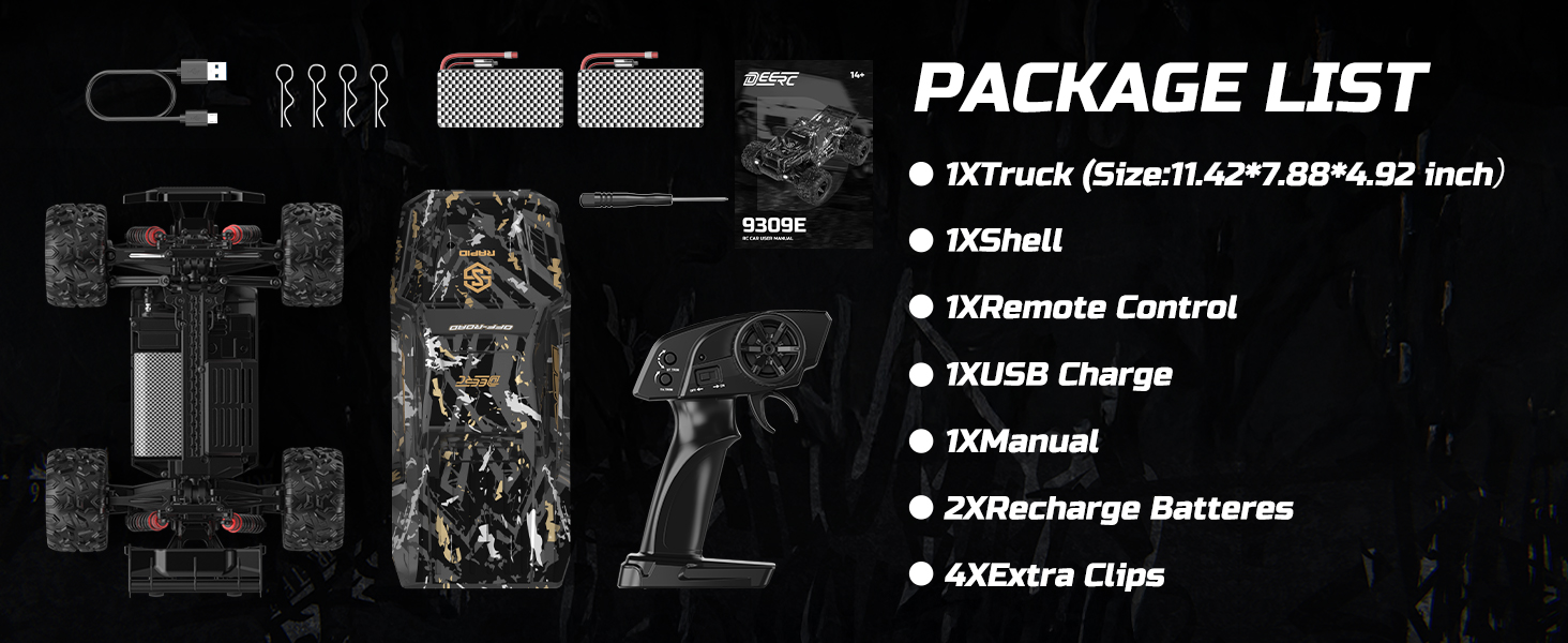 Радіокерований позашляховик DEERC 9309E 1:16 4WD 40 км/год, електричний монстр-трак для дорослих та дітей, водонепроникний, з 2 акумуляторами