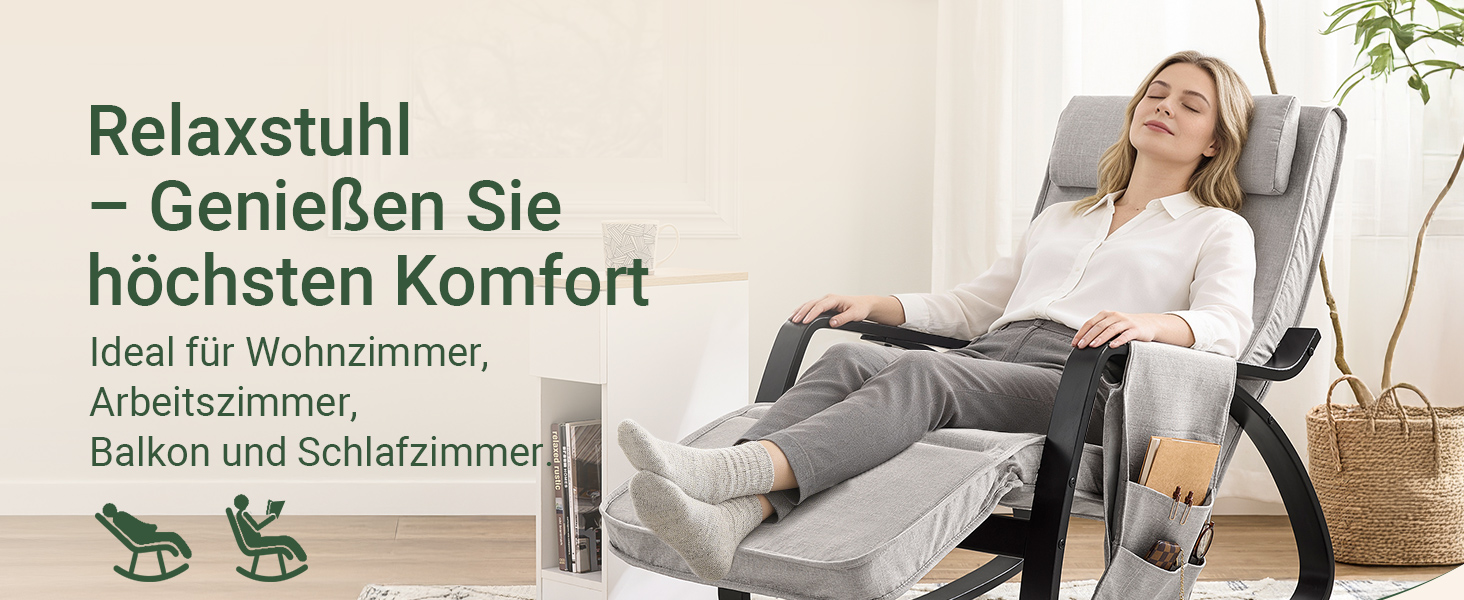 Крісло-гойдалка SoBuy з м'якою оббивкою, підголівником та регульованою підніжкою, сіре - FST20-HG