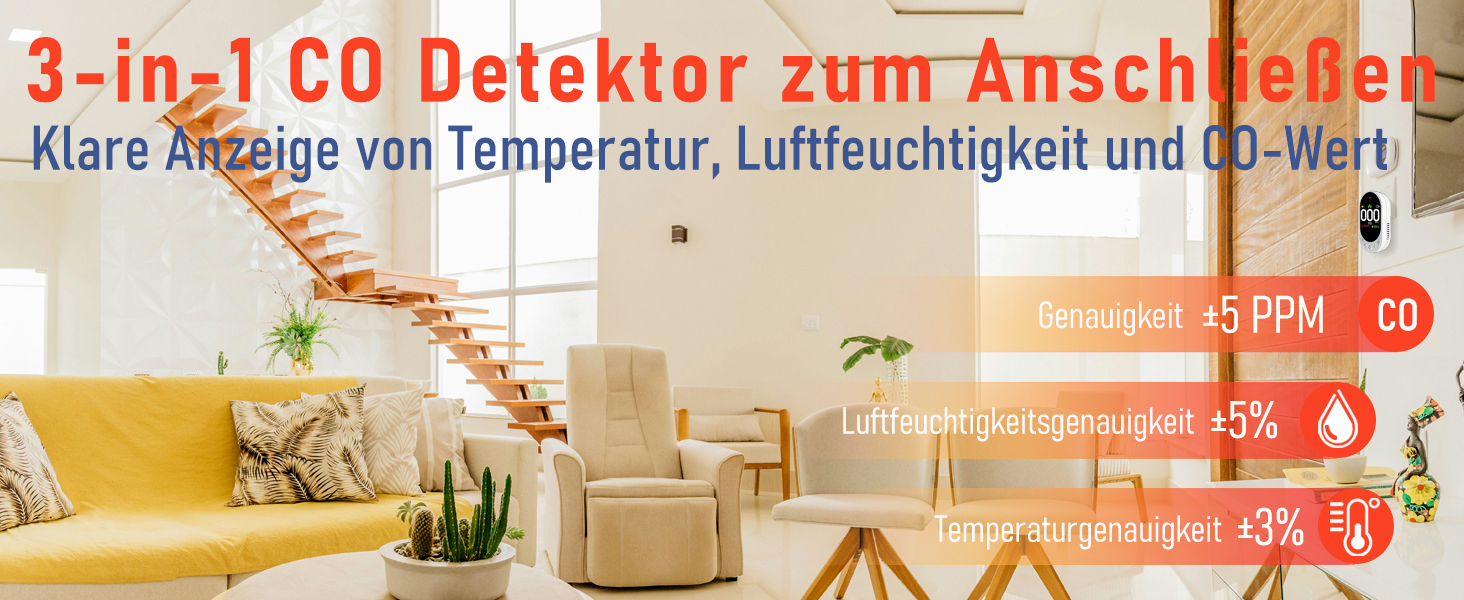 Детектор чадного газу 3-в-1 з HD-дисплеєм, візуальним та звуковим сигналом (CO-метр, температура, вологість) для дому та подорожей