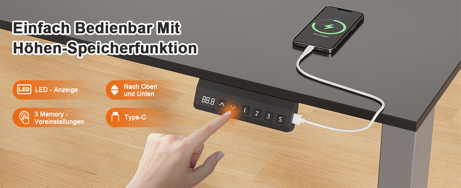 Регульований стіл JUMMICO з міцним металевим каркасом та 2 моторами, 3 пам'яті, для стояння та сидіння (білий), 100 x 140 см, сірий