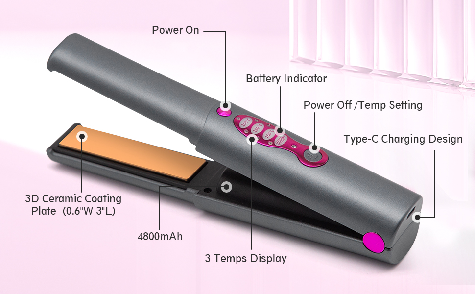Акумуляторний випрямляч для волосся та щипці для завивки, акумуляторний випрямляч 2-в-1 Міні-портативний туристичний випрямляч, 3 регульовані температури, акумуляторний, швидке нагрівання, захист від опіків
