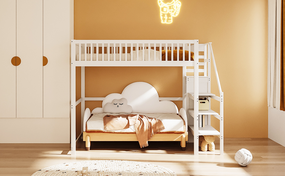 Ліжко-горище Merax для односпального матраца 140x200 см з шафою та сходами, масивне дерево, білий колір (без матраца)