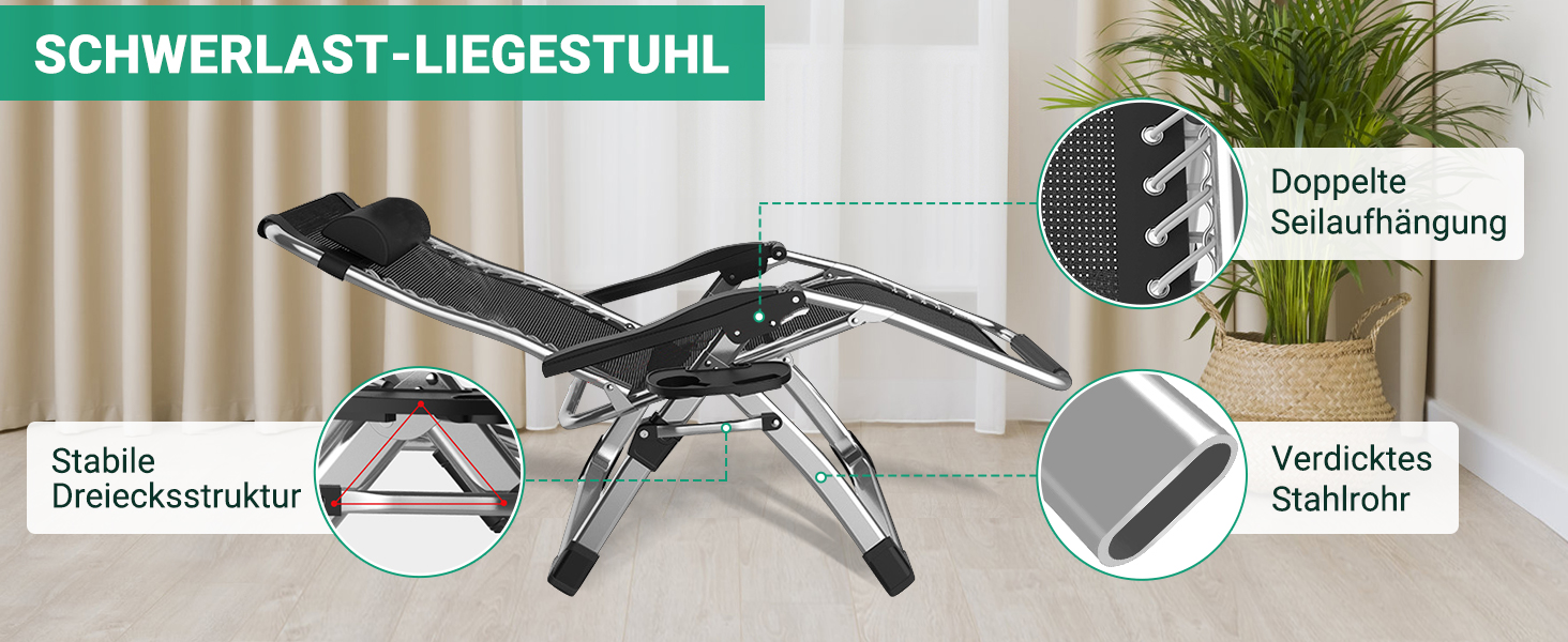 Шезлонг для відпочинку, розкладний, 200 кг, Zero Gravity, з подушкою, підстаканником, широкий, регульований, для саду, патіо, пляжу, басейну, сірий