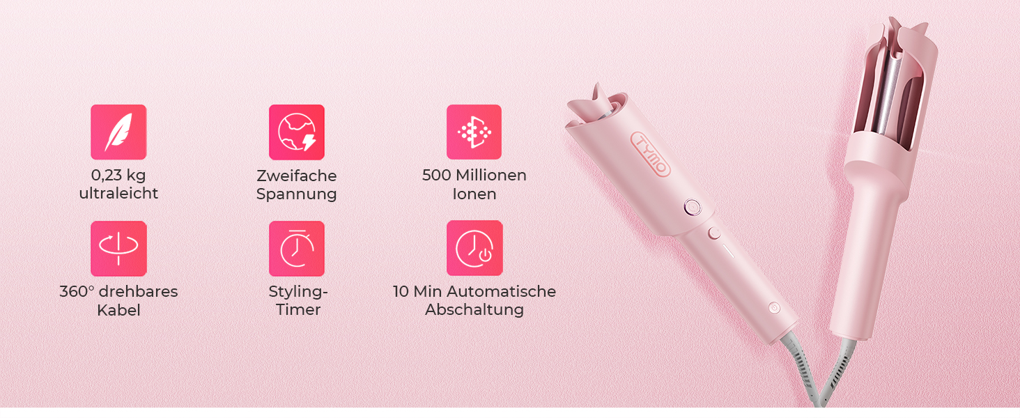 Автоматичний локон-стайлер TYMO CURLPRO 25mm - рожевий, з термозахистом, 3 температурні режими (160-210°C), для великих та маленьких локонів