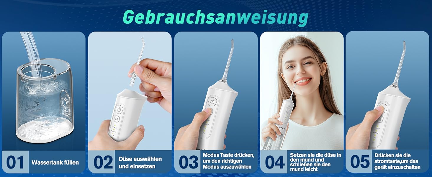 Іригатор для порожнини рота Munddusche, професійний, з технологією мікробульбашок, регулювання тиску води, для чищення зубів та брекетів, білий