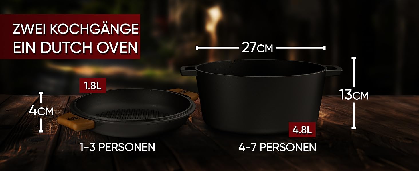 Голландська піч 2в1 з чавуну, 4.8л + сковорода з чавуну 1.8л - набір посуду для приготування, BBQ, кемпінгу та кухні. З кулінарною книгою та аксесуарами. 30 років гарантії. Чорний колір.