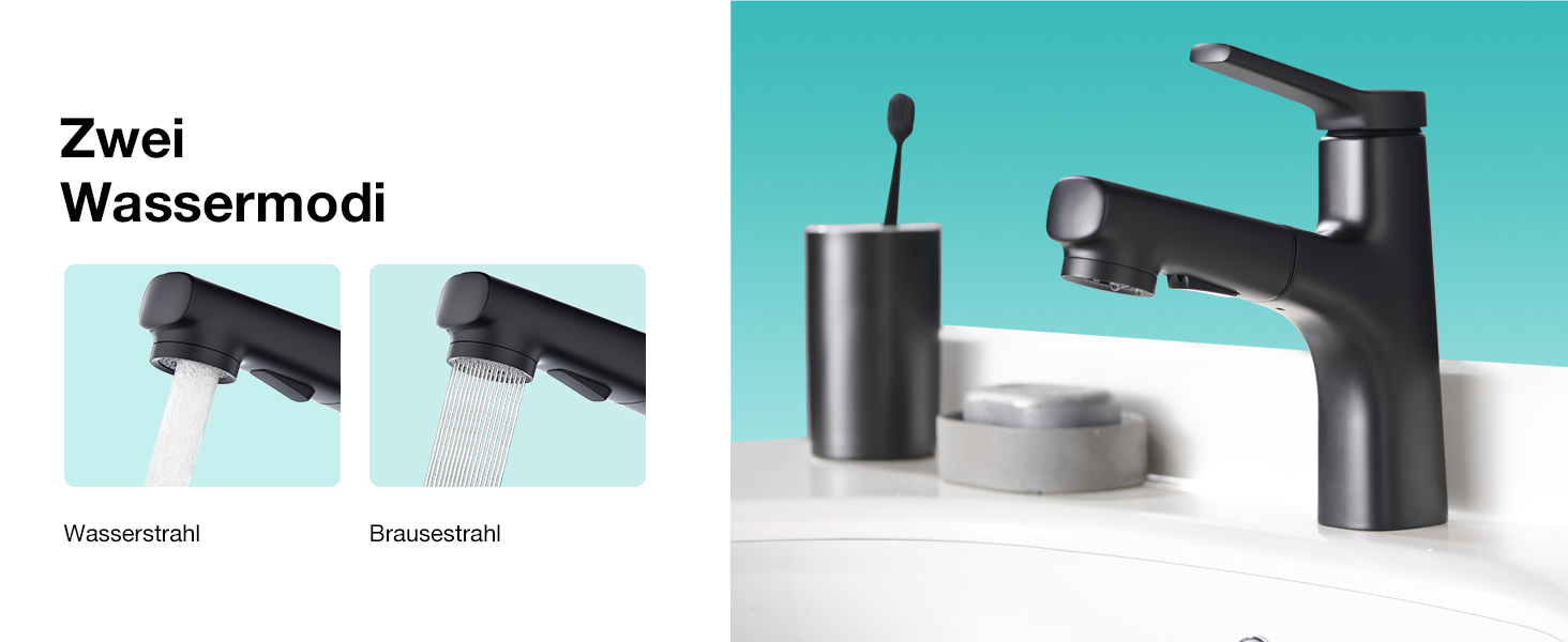 Сучасний змішувач для ванної кімнати CREA з висувною лійкою, 2 режими струменя, одноlever, з міді з хромовим покриттям (чорний)