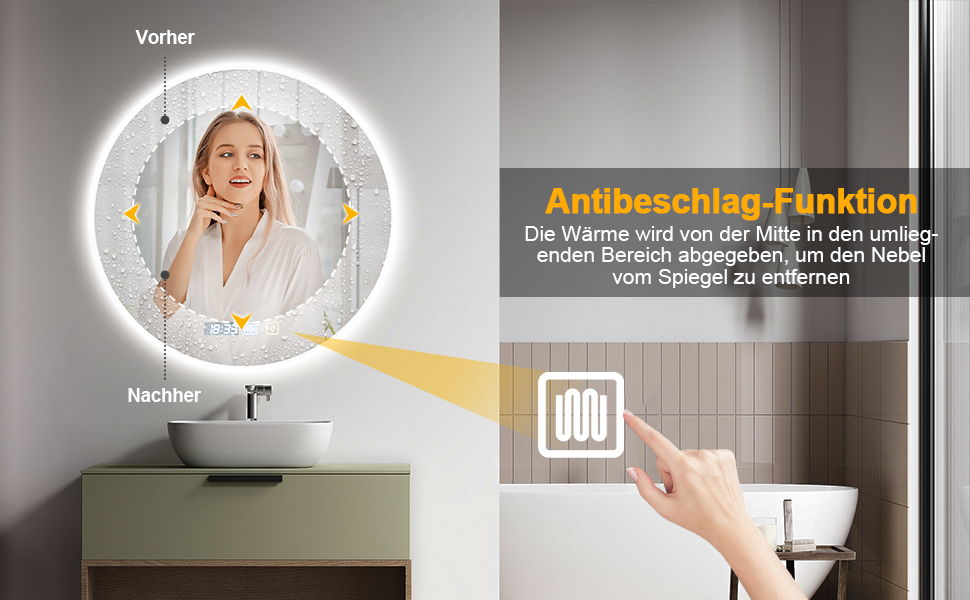 Дзеркало для ванної кімнати Bellanny LED з підсвічуванням 60 см | Настінне дзеркало для макіяжу, косметичне дзеркало | Дзеркало для макіяжу з сенсорним вимикачем, 3 кольори світла, регулювання яскравості, проти запотівання, IP44, кругле, горизонтальне/вертикальне