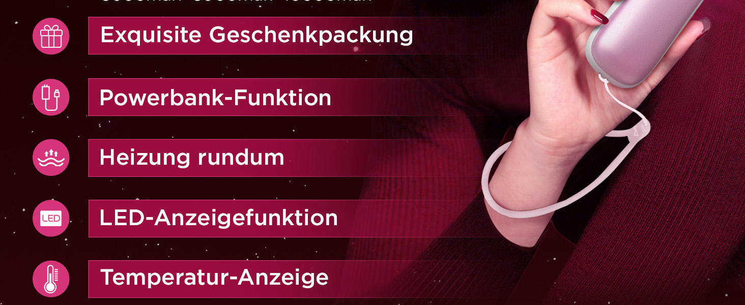 Електричні грілки для рук Funme® OT95 (Рожеве золото) 10000mAh - 2 шт. USB Powerbank, 60°C, для жінок, ідеальні для активного відпочинку