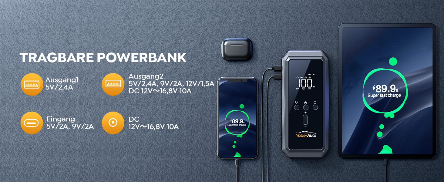 Портативний пусковий пристрій YaberAuto YA70 з компресором 150 PSI, Powerbank 21800mAh, ліхтарик 300 Lumen, LCD екран