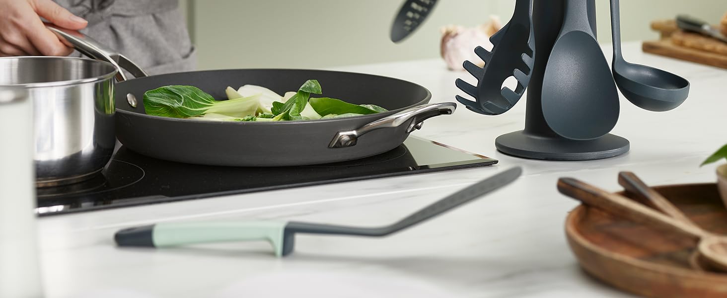 Набір кухонних помічників Joseph Joseph Elevate, 6 предметів з поворотним підставкою, ергономічні силіконові ручки, антипригарне покриття (Блок, Зелений)