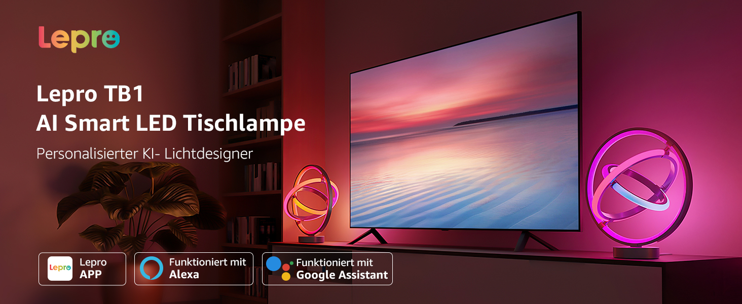Lepro AI Розумна лампа TB2, Персоналізований світловий дизайнер на основі AI, Синхронізація з музикою/Керування через додаток, Настільна лампа з регулюванням яскравості, RGB+IC технологія, Сумісна з Alexa/Google, Без пульта керування, Ключ скрипки (Planet)