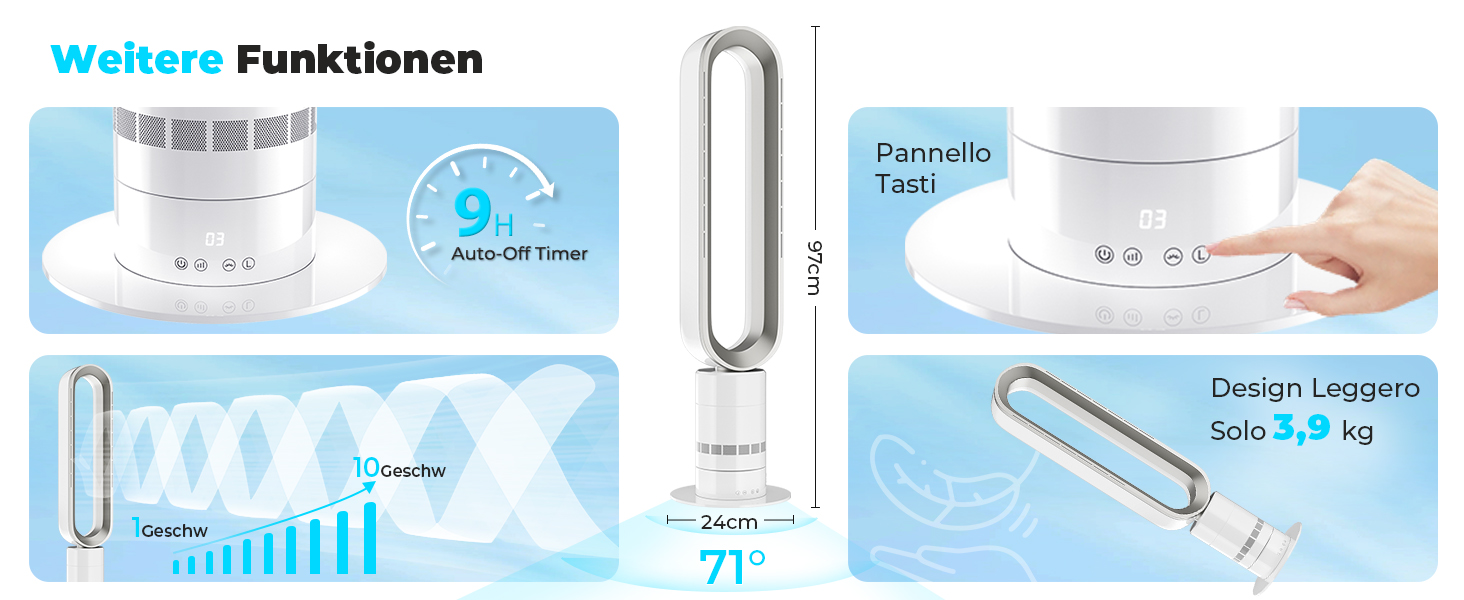 Безлопатевий вентилятор LIFERUN Tower Fan з пультом, 10 швидкостей, 71° поворот, таймер 9 год, тихий вентилятор для офісу/спальні, захист від дітей, LED-дисплей