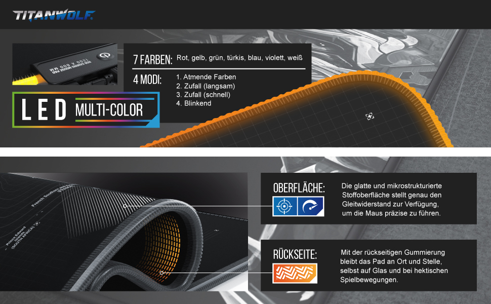 Килимок для миші TITANWOLF XXXL RGB з підсвічуванням LED, 1200 x 600 мм – для геймінгу, з гумовою основою, карта світу