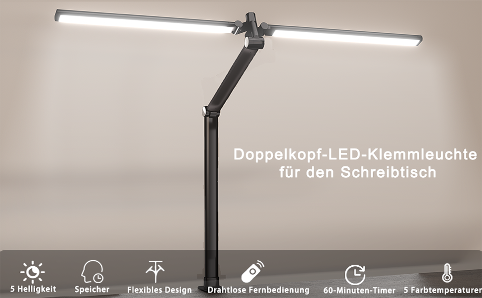 Лампа для столу Hapfish LED з кріпленням, 24W, подвійний насадка, світлодіодна лампа для монітора, широке та яскраве освітлення, 5 режимів кольору та 5 рівнів регулювання яскравості, денне світло, диммування для офісу, дому, дітей (з багатоосьовим шарніром)
