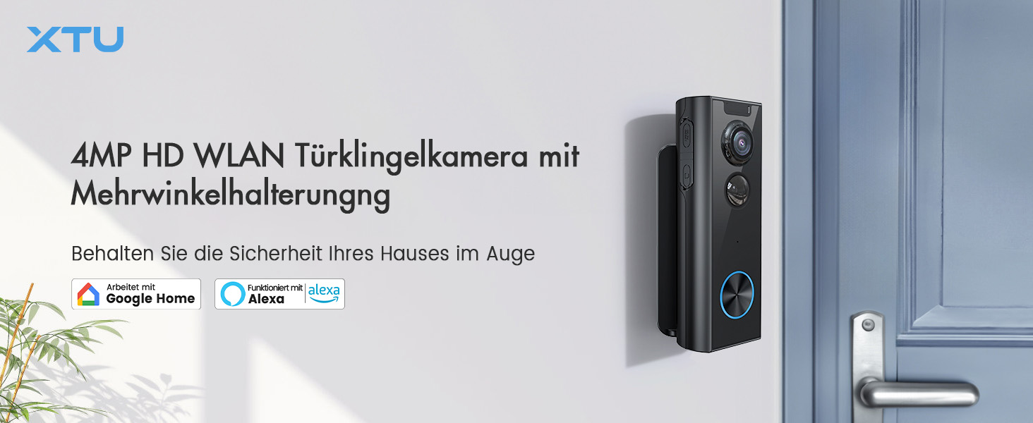 Відеодзвінок XTU з Wi-Fi, камера 4MP HD, бездротовий, з гонгом, PIR-датчик, нічне бачення, 2-сторонній аудіо, сумісний з Alexa, чорний