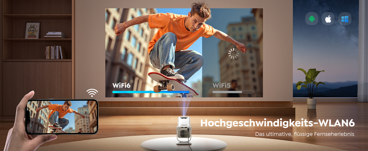 Портативний проєктор Mini Beamer 4K з підтримкою Android 13, WiFi 6, Bluetooth 5.4 та обертанням 270°. Підходить для домашнього кінотеатру, використання на вулиці та підключення до HDMI, Android, iOS, PC, USB. Автоматична корекція трапеції. Білий колір.