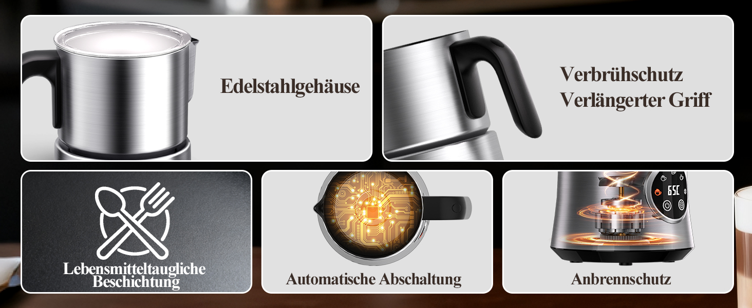Електричний спінювач молока 5 в 1 - автоматичний спінювач молока з великим об'ємом, для гарячого та холодного молока, для капучино, лате, гарячого шоколаду, 500 мл, миється в посудомийній машині