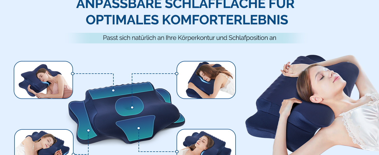 Подушка для шиї, подушка для голови з піною Memory Foam, ергономічна подушка для шиї, подушка для тих, хто спить на боці, на спині та на животі, сіро-білий колір (темно-синій, 64 x 39 x 13 см)