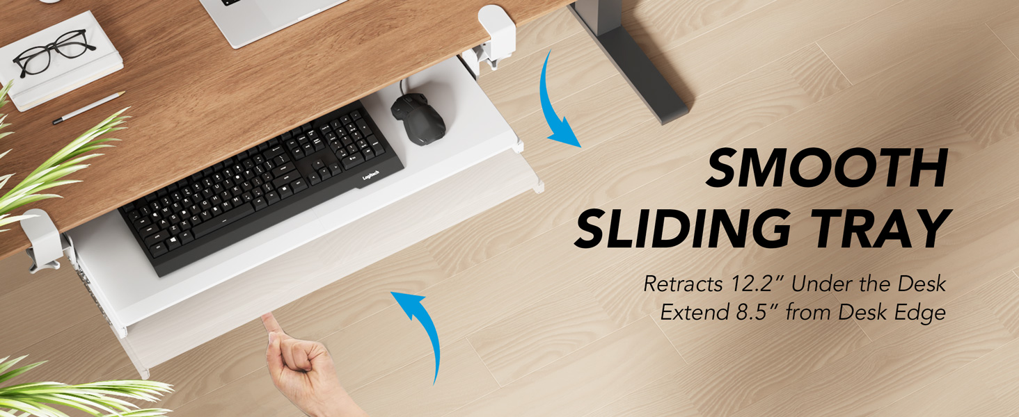 Висувна підставка для клавіатури під стіл з К-подібною фіксацією, великого формату, стійка, висувна платформа 838 мм x 280 мм, білий колір